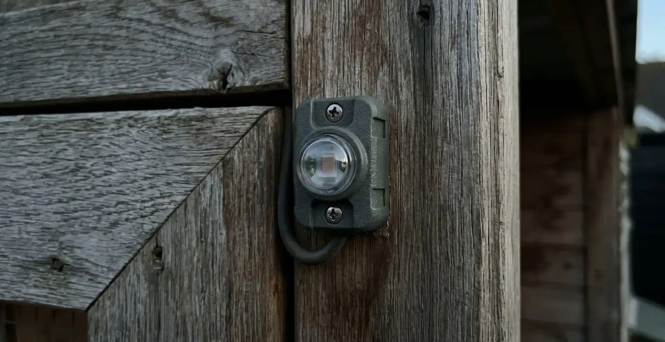 Capteur crépusculaire photoélectrique monté sur le cadre en bois d'une porte de poulailler en fin de journée